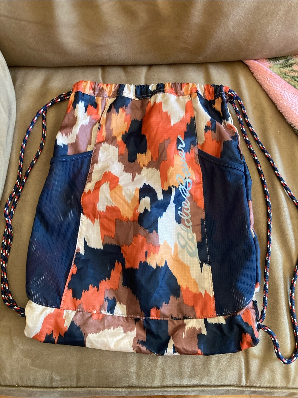 Colorblock Drawstring Backpack with Painterly Print